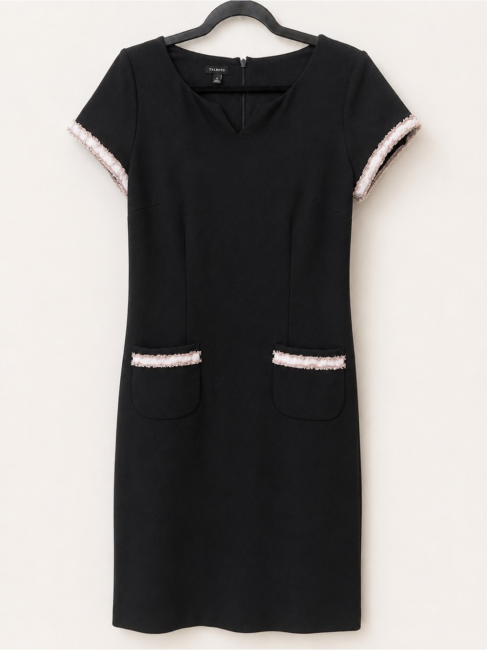 Talbots Black Sheath Dress Fringe Trim Pockets Size 6 Workwear